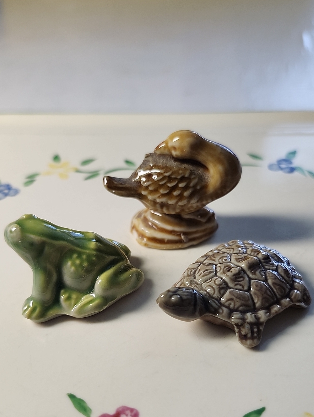Vintage Wade England Frog, Duck & Turtle Figurine Set - Green, Brown, Cream